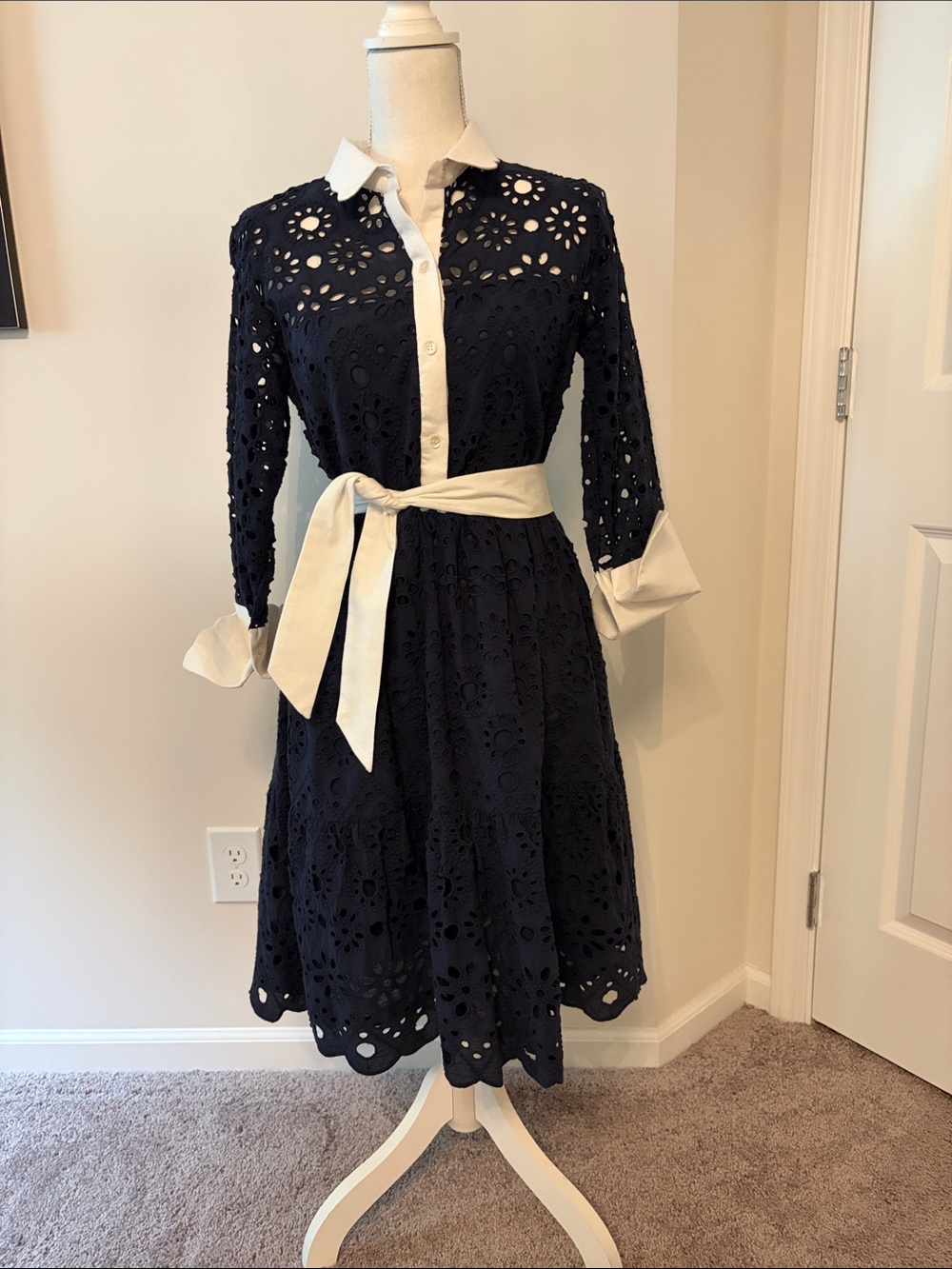 Gretchen Scott Designs Navy Eyelet Long Sleeve Shirt Dress with White Trim